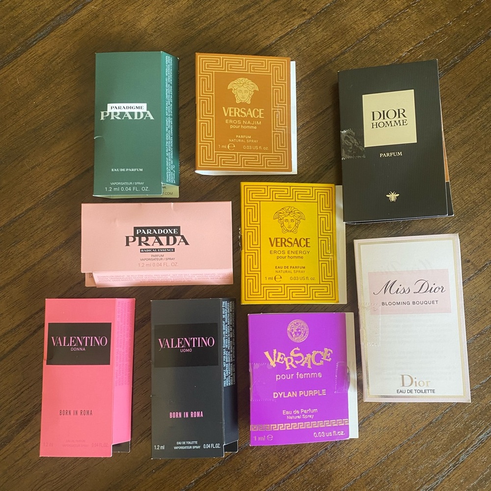 9 NEW Assorted Travel Size Fragrances Versace Prada Valentino Dior 1ml - 1.2ml